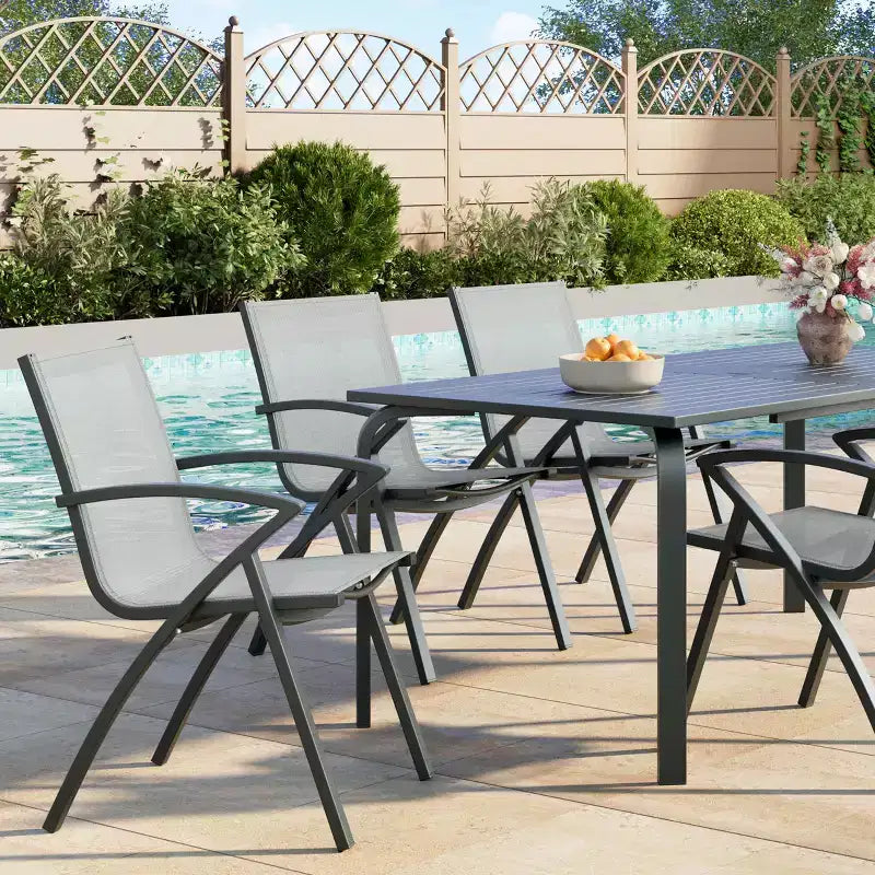 Set di 2/4 sedie da patio in alluminio con telaio leggero e schienale comodo, sedie da pranzo da esterno con schienale a imbracatura con seduta extra larga e braccioli