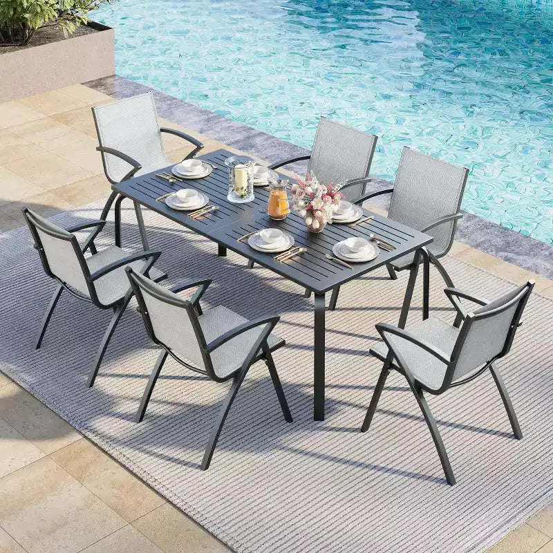 Set di 2/4 sedie da patio in alluminio con telaio leggero e schienale comodo, sedie da pranzo da esterno con schienale a imbracatura con seduta extra larga e braccioli