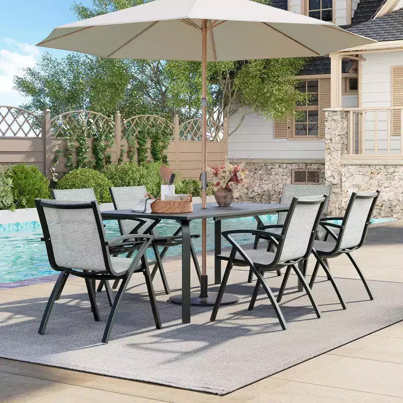 Set di 2/4 sedie da patio in alluminio con telaio leggero e schienale comodo, sedie da pranzo da esterno con schienale a imbracatura con seduta extra larga e braccioli