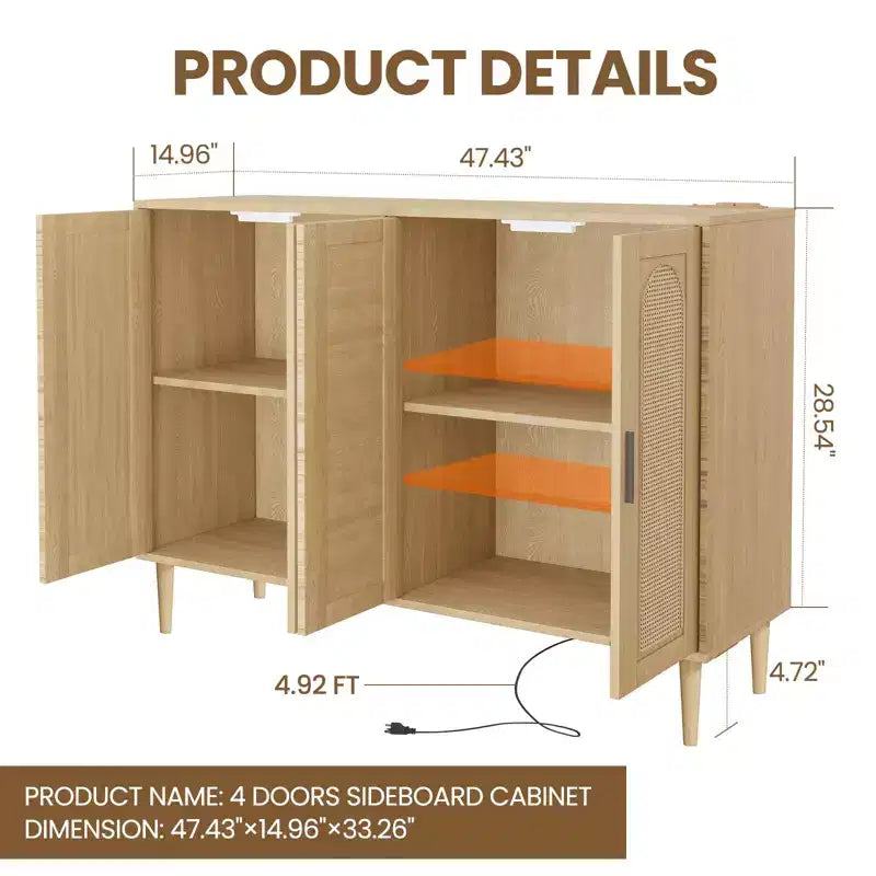 CuisinSmart Mobile Buffet in Rattan, Mobile Contenitore Boho, Mobile Bar con 4 Ante e Presa di Corrente per Cucina, Sala da Pranzo, Soggiorno