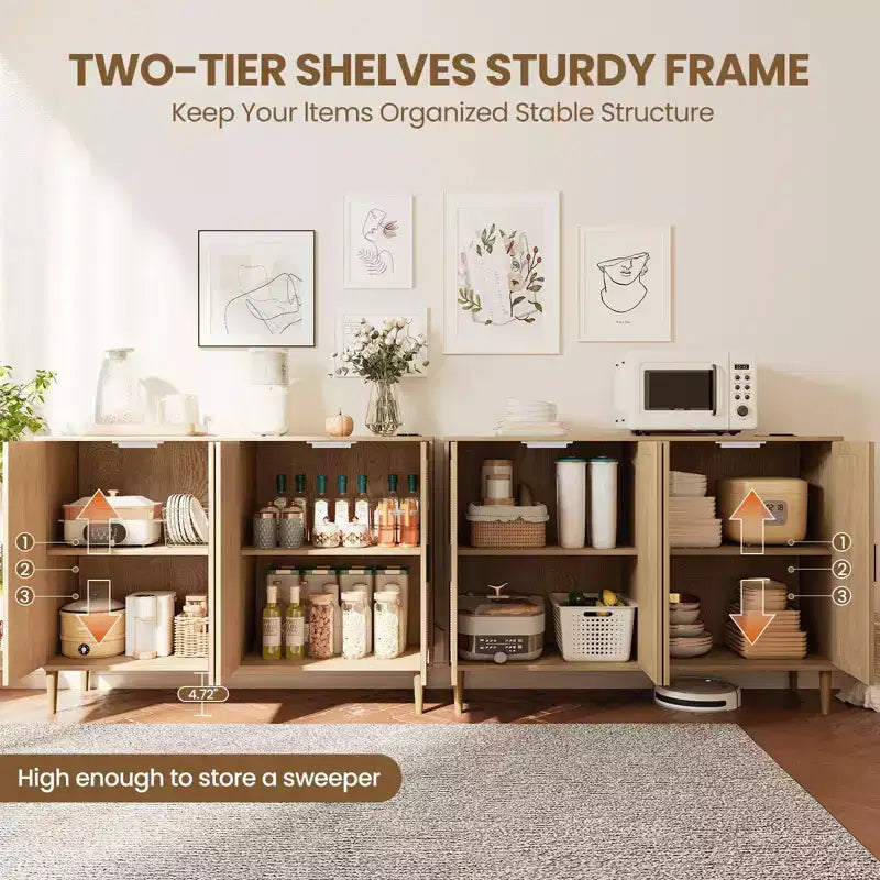 CuisinSmart Mobile Buffet in Rattan, Mobile Contenitore Boho, Mobile Bar con 4 Ante e Presa di Corrente per Cucina, Sala da Pranzo, Soggiorno