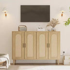 CuisinSmart Mobile Buffet in Rattan, Mobile Contenitore Boho, Mobile Bar con 4 Ante e Presa di Corrente per Cucina, Sala da Pranzo, Soggiorno