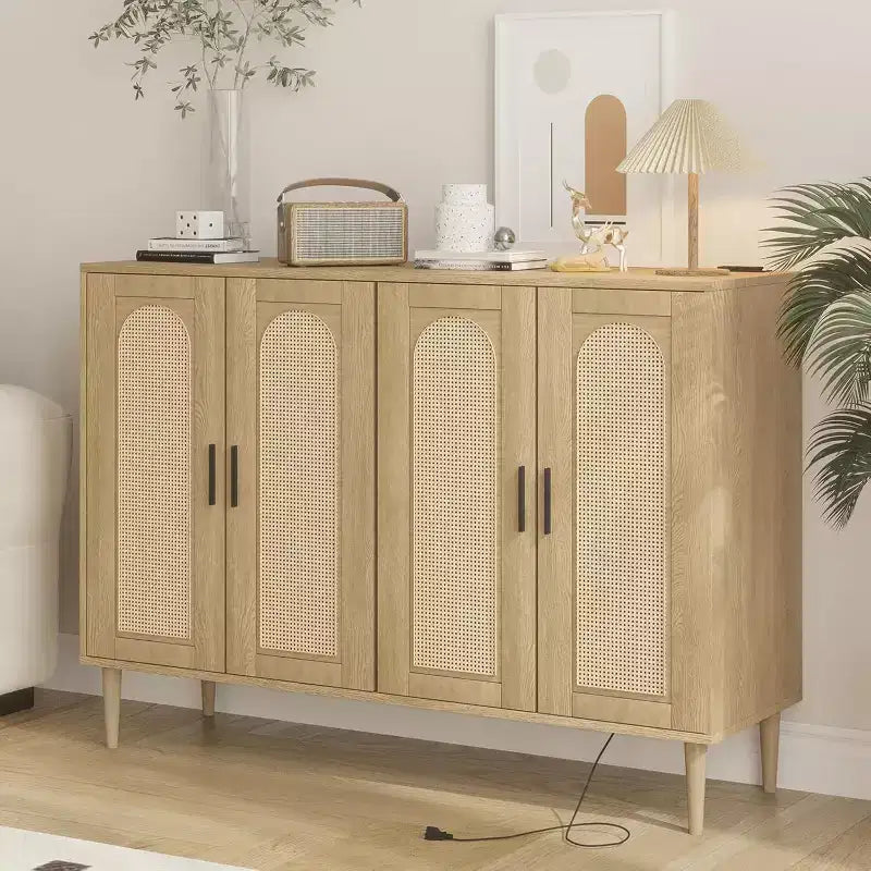 CuisinSmart Mobile Buffet in Rattan, Mobile Contenitore Boho, Mobile Bar con 4 Ante e Presa di Corrente per Cucina, Sala da Pranzo, Soggiorno