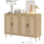CuisinSmart Mobile Buffet in Rattan, Mobile Contenitore Boho, Mobile Bar con 4 Ante e Presa di Corrente per Cucina, Sala da Pranzo, Soggiorno