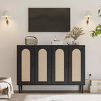 CuisinSmart Mobile Buffet in Rattan, Mobile Contenitore Boho, Mobile Bar con 4 Ante e Presa di Corrente per Cucina, Sala da Pranzo, Soggiorno
