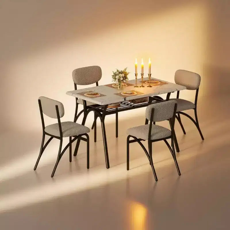 COZONY Set da Pranzo 5 Pezzi con 4 Sedie Bouclé, Tavolo Rettangolare con Piano in Marmo e Mensola Portaoggetti, Mobili da Pranzo Moderni Beige