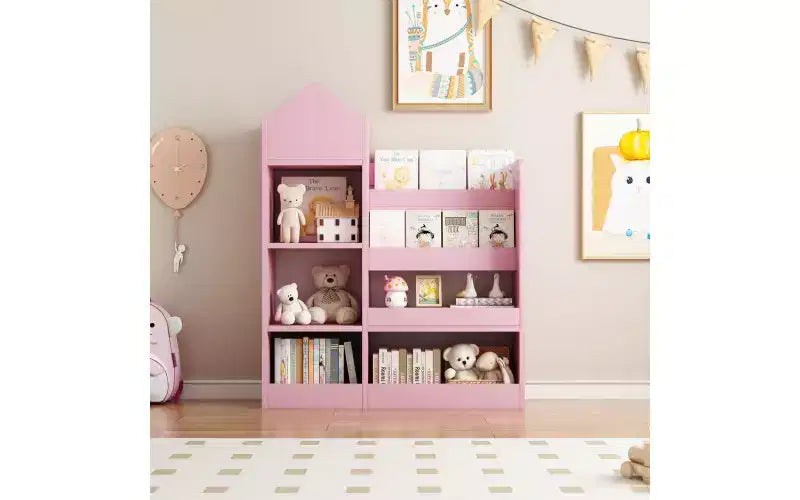 Zevemomo Scaffale per Libri e Giocattoli a 4 Livelli per Bambini, Scaffale per Libri per Bambini in Legno, Contenitore per Giocattoli con Scaffale per Libri per Sala Giochi, Aula, Camera da Letto, Biblioteca, Rosa