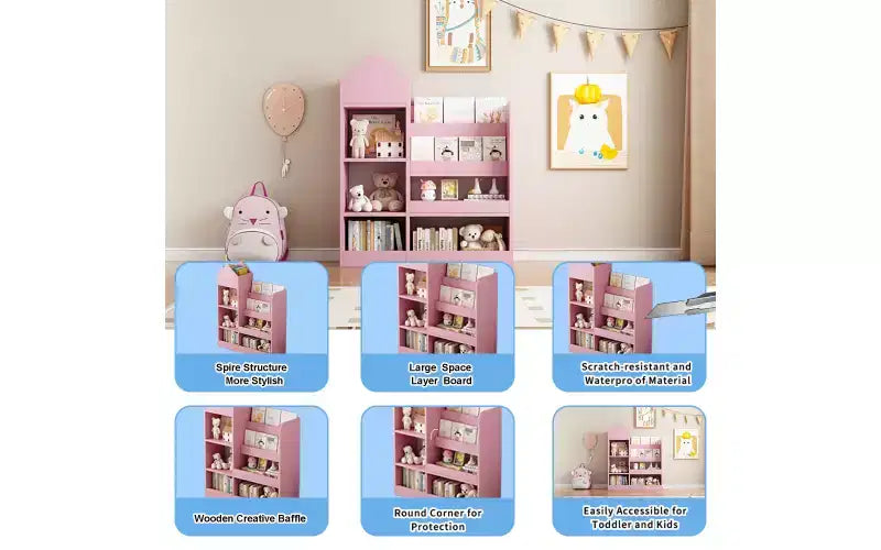 Zevemomo Scaffale per Libri e Giocattoli a 4 Livelli per Bambini, Scaffale per Libri per Bambini in Legno, Contenitore per Giocattoli con Scaffale per Libri per Sala Giochi, Aula, Camera da Letto, Biblioteca, Rosa