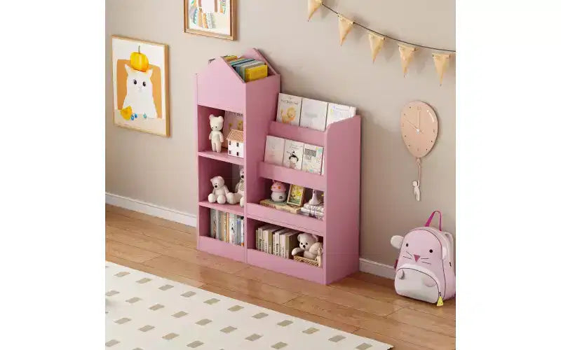 Zevemomo Scaffale per Libri e Giocattoli a 4 Livelli per Bambini, Scaffale per Libri per Bambini in Legno, Contenitore per Giocattoli con Scaffale per Libri per Sala Giochi, Aula, Camera da Letto, Biblioteca, Rosa