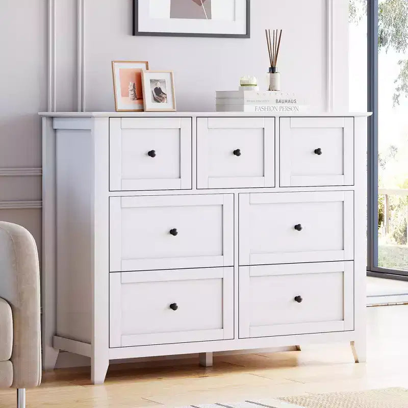 Comò in legno CuisinSmart per camera da letto, cassettiera a 7 cassetti con maniglie in metallo, organizer per armadietto per soggiorno, corridoio, camera da letto
