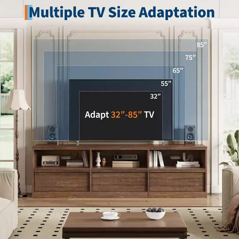 Mobile TV da 70 pollici per televisori da 80 pollici, Centro di Intrattenimento Moderno di Metà Secolo con Cassetto Contenitore e Ripiani Aperti, Mobile Console Media in Legno per Soggiorno