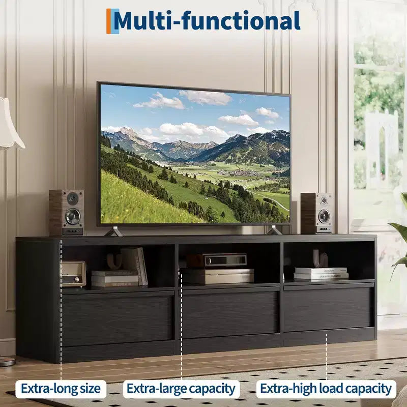 Mobile TV da 70 pollici per televisori da 80 pollici, Centro di Intrattenimento Moderno di Metà Secolo con Cassetto Contenitore e Ripiani Aperti, Mobile Console Media in Legno per Soggiorno