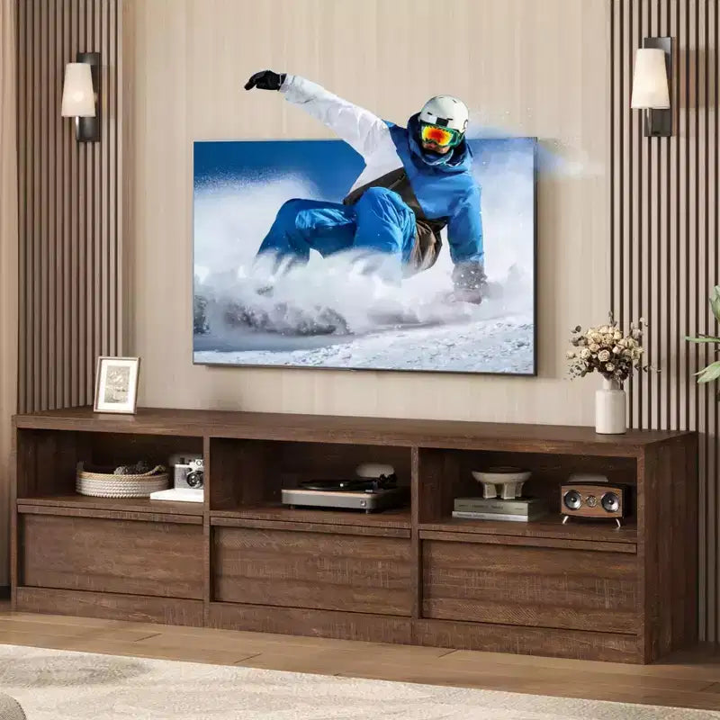 Mobile TV da 70 pollici per televisori da 80 pollici, Centro di Intrattenimento Moderno di Metà Secolo con Cassetto Contenitore e Ripiani Aperti, Mobile Console Media in Legno per Soggiorno