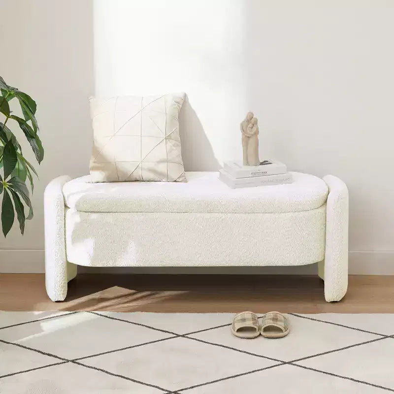 EHMKNP Ottoman Oval Storage Bench with 3D Lamb Fleece Fabric, Large Hidden Storage for Living Room, Entryway, Bedroom, Cozy Cream White Seat