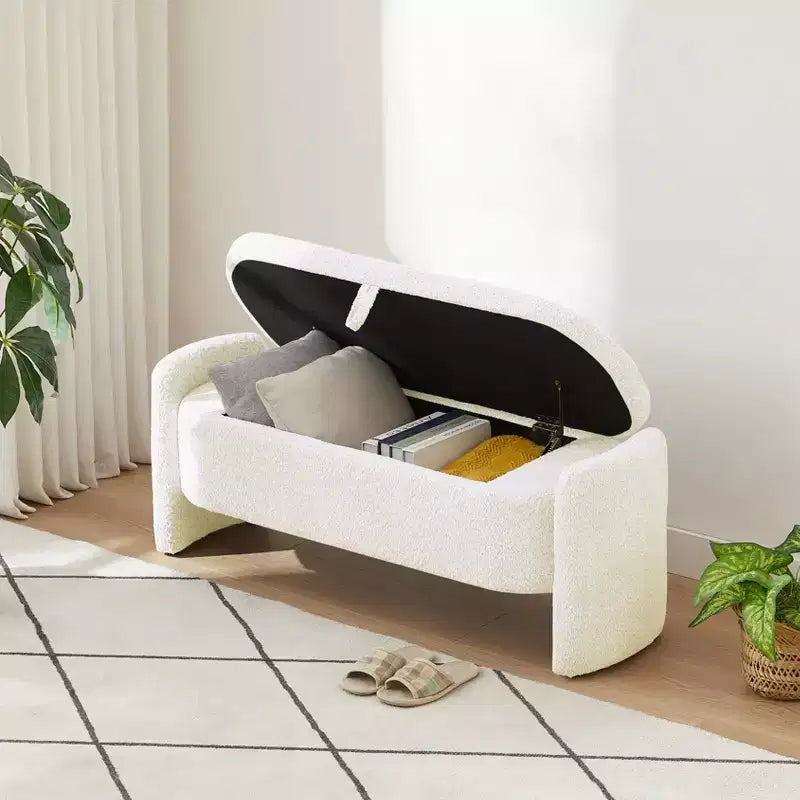 Panca contenitore ovale EHMKNP Ottomana con tessuto in pile d'agnello 3D, grande vano portaoggetti nascosto per soggiorno, ingresso, camera da letto, accogliente seduta bianco crema