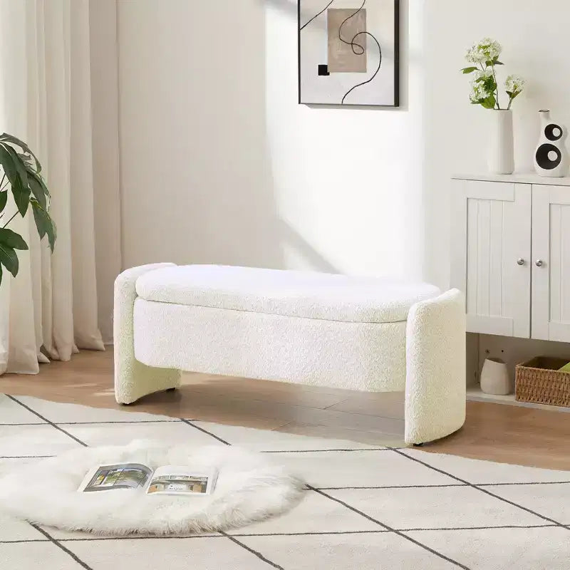 Panca contenitore ovale EHMKNP Ottomana con tessuto in pile d'agnello 3D, grande vano portaoggetti nascosto per soggiorno, ingresso, camera da letto, accogliente seduta bianco crema