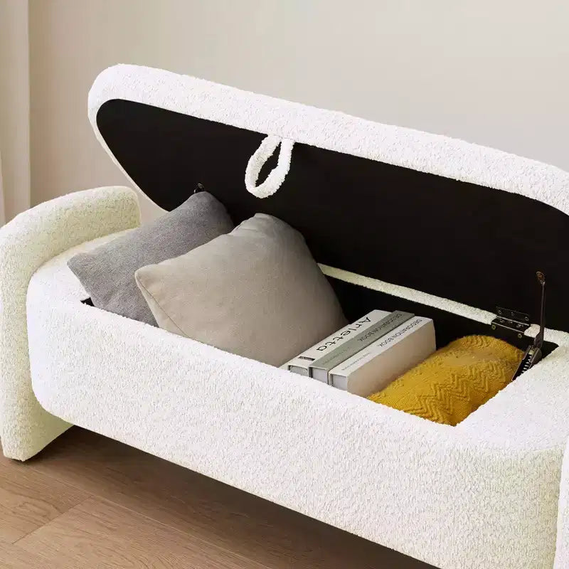 Panca contenitore ovale EHMKNP Ottomana con tessuto in pile d'agnello 3D, grande vano portaoggetti nascosto per soggiorno, ingresso, camera da letto, accogliente seduta bianco crema