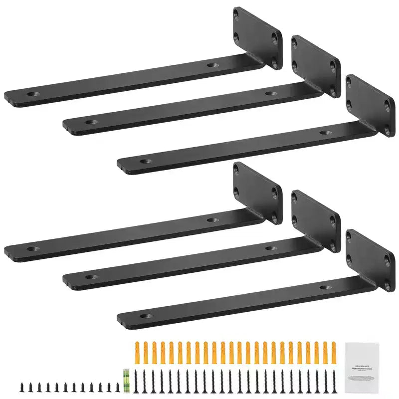 VEVOR Shelf Bracket, 12L x 4W x 1.6H 6 Pcs, Heavy Duty Floating Shelf Brackets,Brackets for Shelves, 5mm Thick Matte Black L Shelf Bracket,Black