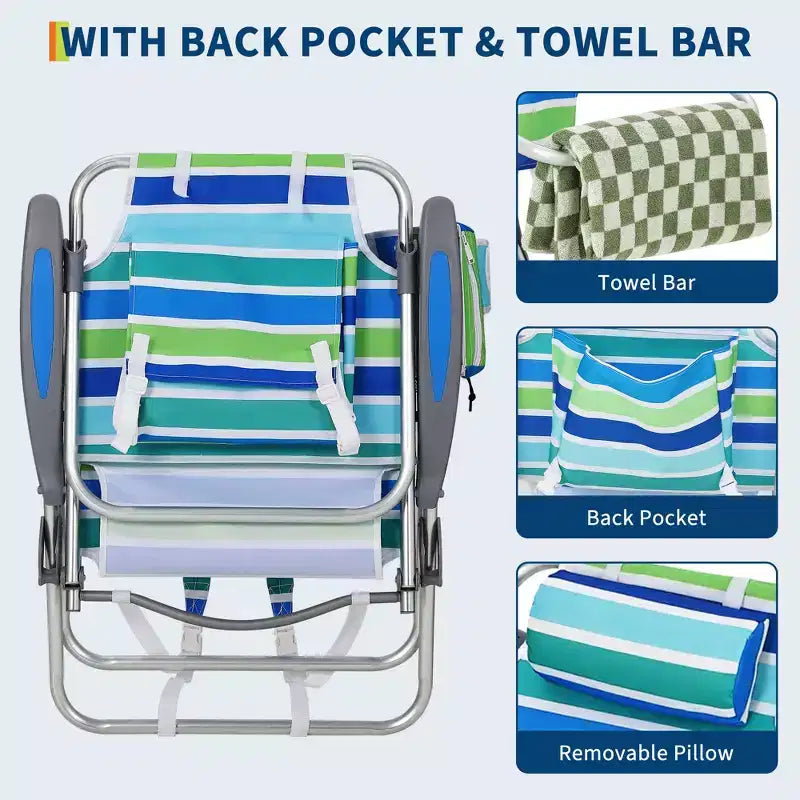 Set di 2 sedie a zaino da spiaggia per adulti, sedie pieghevoli leggere in alluminio con schienale regolabile in 5 posizioni, portasciugamani, tasche portaoggetti