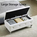 EHMKNP White Faux Leather Upholstered Storage Ottoman Bench with Crystal Buttons, Rectangular Footrest for Bedroom, Living Room, Entryway