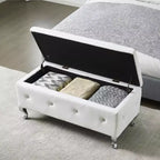EHMKNP Panca Pouf Contenitore Rivestita in Ecopelle Bianca con Bottoni di Cristallo, Poggiapiedi Rettangolare per Camera da Letto, Soggiorno, Ingresso