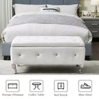 EHMKNP Panca Pouf Contenitore Rivestita in Ecopelle Bianca con Bottoni di Cristallo, Poggiapiedi Rettangolare per Camera da Letto, Soggiorno, Ingresso