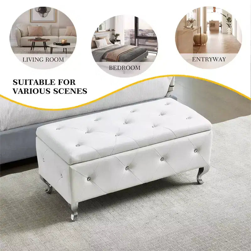 EHMKNP Panca Pouf Contenitore Rivestita in Ecopelle Bianca con Bottoni di Cristallo, Poggiapiedi Rettangolare per Camera da Letto, Soggiorno, Ingresso