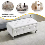 EHMKNP Panca Pouf Contenitore Rivestita in Ecopelle Bianca con Bottoni di Cristallo, Poggiapiedi Rettangolare per Camera da Letto, Soggiorno, Ingresso
