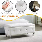 EHMKNP Panca Pouf Contenitore Rivestita in Ecopelle Bianca con Bottoni di Cristallo, Poggiapiedi Rettangolare per Camera da Letto, Soggiorno, Ingresso