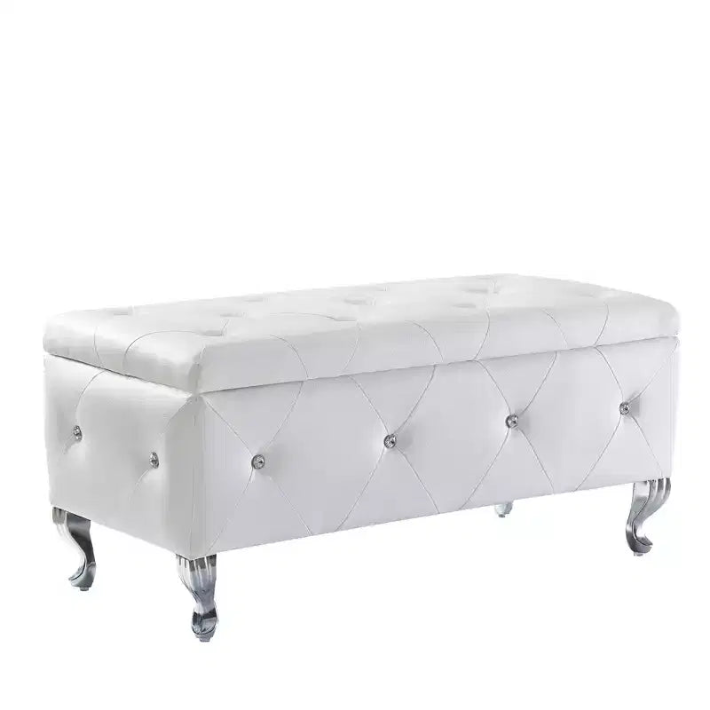 EHMKNP Panca Pouf Contenitore Rivestita in Ecopelle Bianca con Bottoni di Cristallo, Poggiapiedi Rettangolare per Camera da Letto, Soggiorno, Ingresso