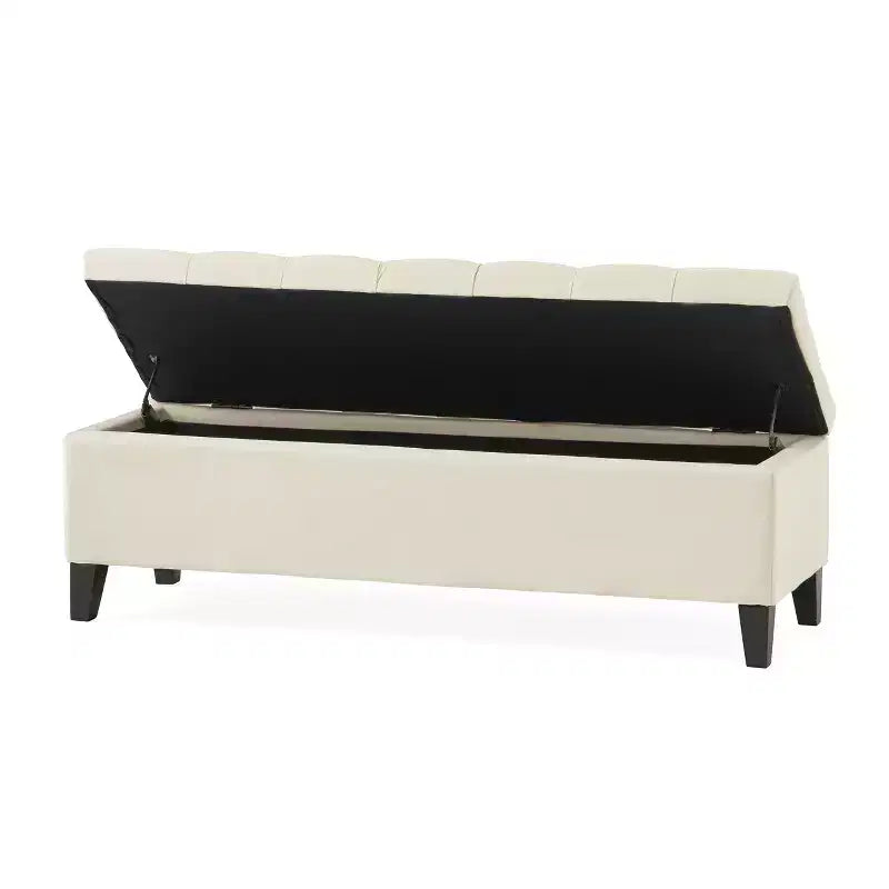 Pouf quadrato EHMKNP, contemporaneo, con bottoni capitonné e cuciture a rombo, in tessuto beige, 51.57
