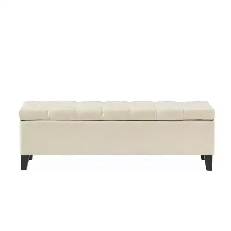 Pouf quadrato EHMKNP, contemporaneo, con bottoni capitonné e cuciture a rombo, in tessuto beige, 51.57