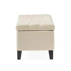 Pouf quadrato EHMKNP, contemporaneo, con bottoni capitonné e cuciture a rombo, in tessuto beige, 51.57