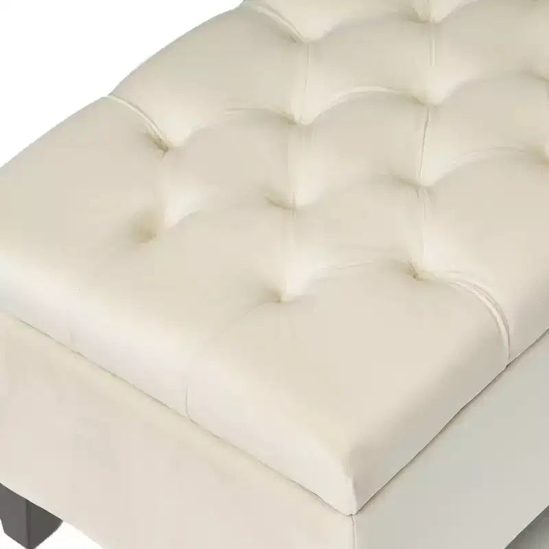 Pouf quadrato EHMKNP, contemporaneo, con bottoni capitonné e cuciture a rombo, in tessuto beige, 51.57