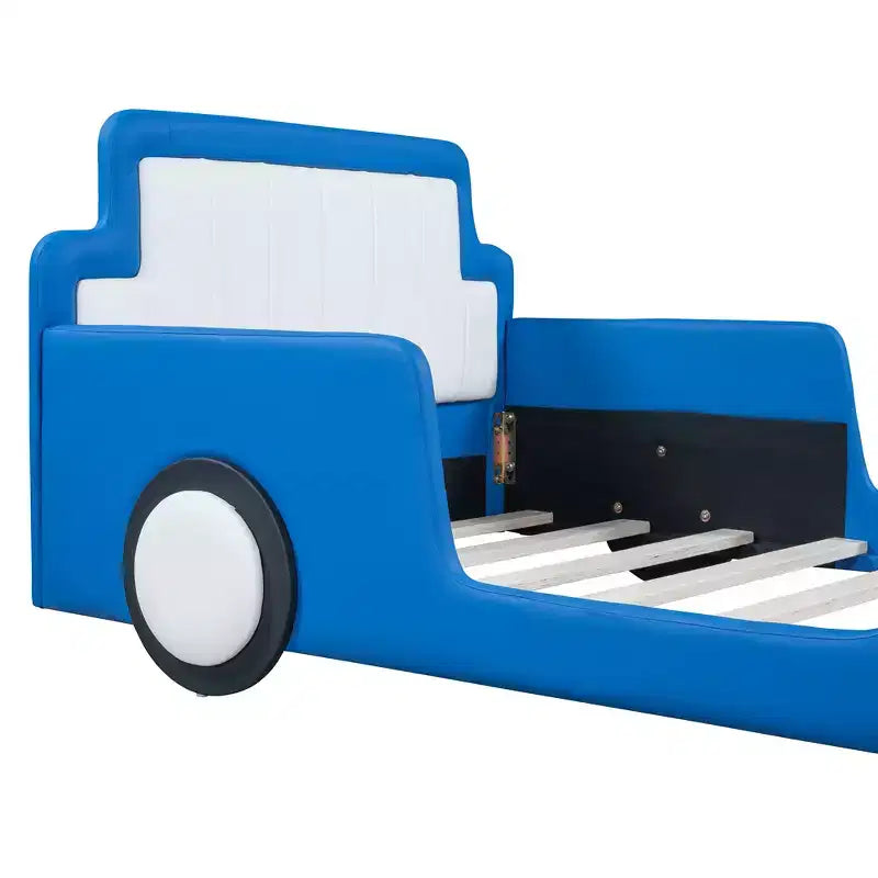 Bellemave Letto a piattaforma a forma di auto da corsa, una piazza, con ruote, testiera e pediera, per ragazzi, blu