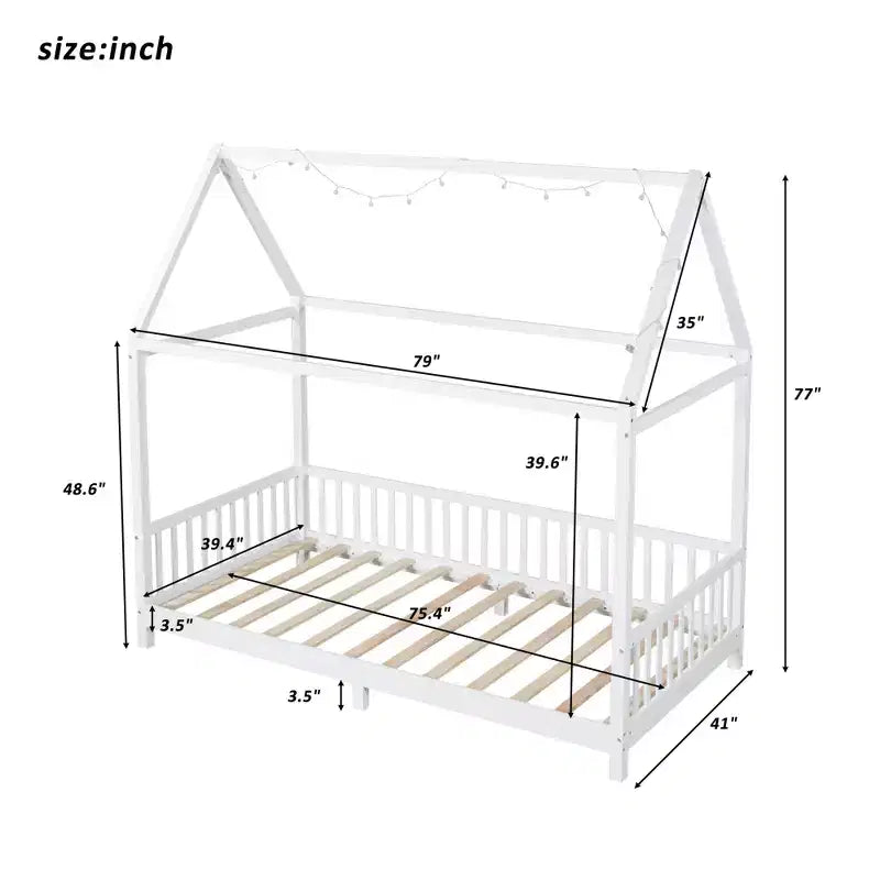 Bellemave Letto a capanna a LED, Misura Singola, Letto Montessori a Pavimento, Struttura in Legno con Doghe e Sponda, per Bambine, Bambini, Bianco