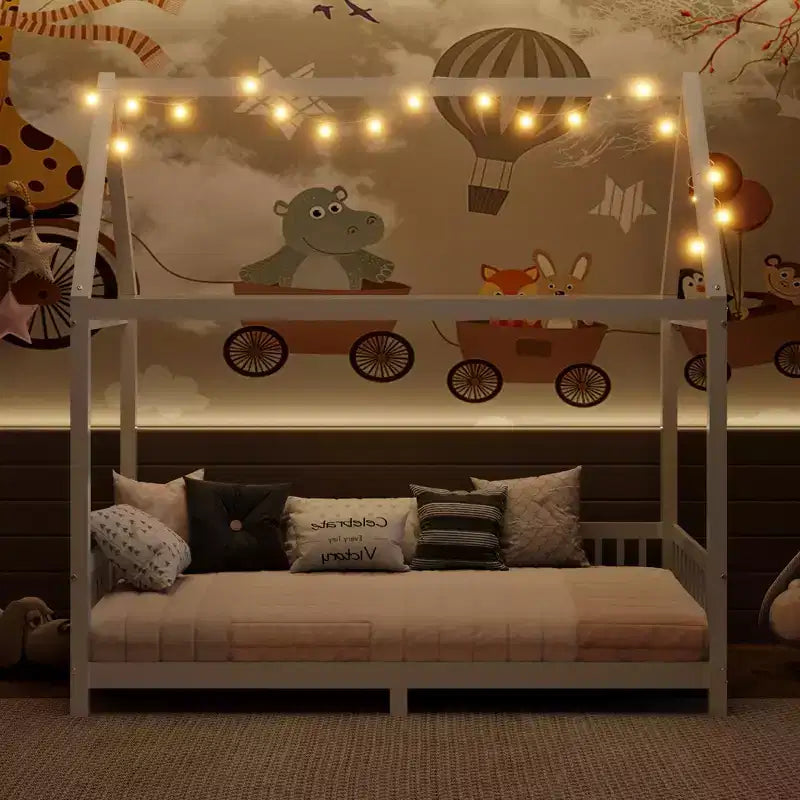 Bellemave Letto a capanna a LED, Misura Singola, Letto Montessori a Pavimento, Struttura in Legno con Doghe e Sponda, per Bambine, Bambini, Bianco