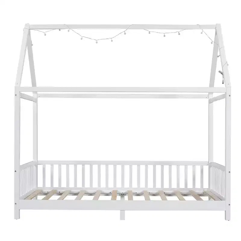 Bellemave Letto a capanna a LED, Misura Singola, Letto Montessori a Pavimento, Struttura in Legno con Doghe e Sponda, per Bambine, Bambini, Bianco