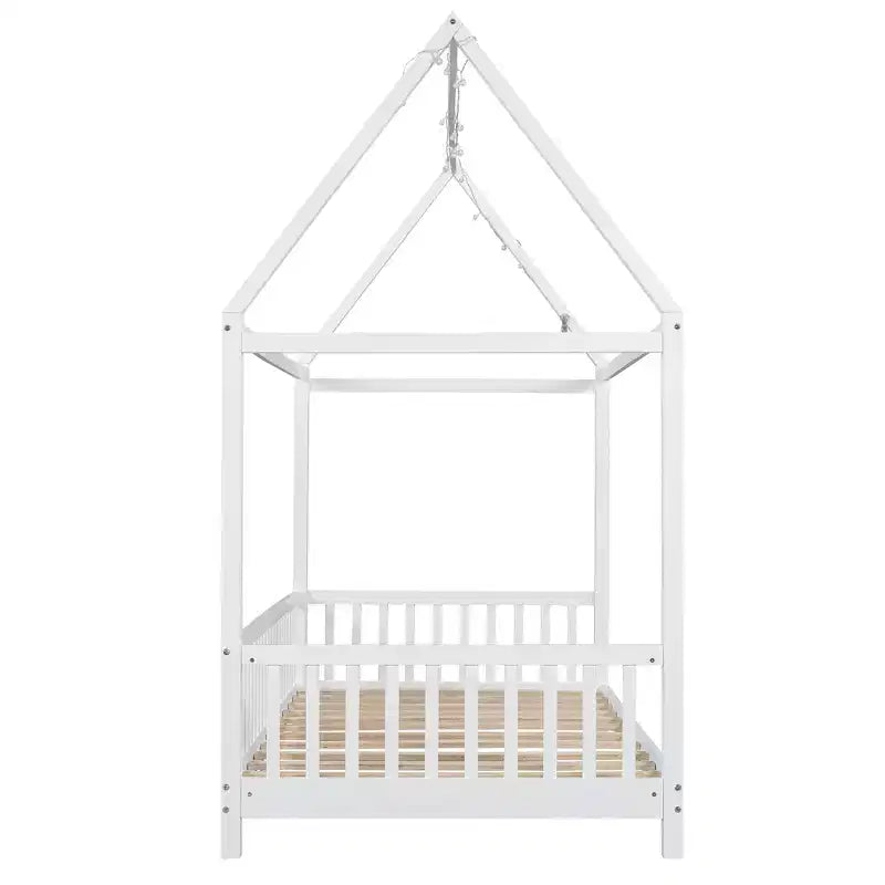 Bellemave Letto a capanna a LED, Misura Singola, Letto Montessori a Pavimento, Struttura in Legno con Doghe e Sponda, per Bambine, Bambini, Bianco