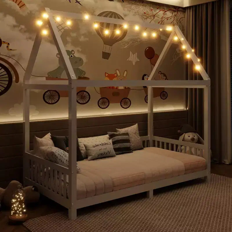 Bellemave Letto a capanna a LED, Misura Singola, Letto Montessori a Pavimento, Struttura in Legno con Doghe e Sponda, per Bambine, Bambini, Bianco