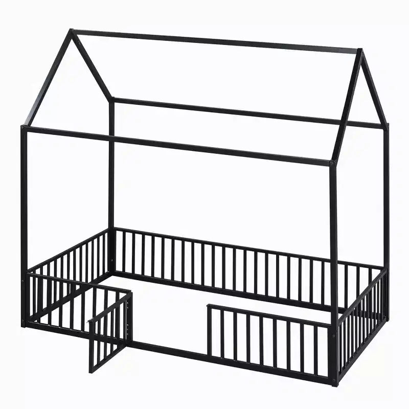 Bellemave Letto a Pavimento Singolo con Porta e Recinzione, Letto Singolo con Tetto/Letto a Pavimento a Casetta per Bambini, Ragazze, Ragazzi, Nero