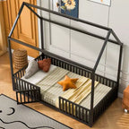 Bellemave Letto a Pavimento Singolo con Porta e Recinzione, Letto Singolo con Tetto/Letto a Pavimento a Casetta per Bambini, Ragazze, Ragazzi, Nero