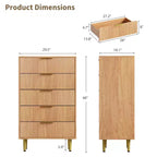 GustoWave Cassettiera scanalata per camera da letto con 5 cassetti, cassettiera in legno con maniglie e piedi in metallo, cassettiera naturale per soggiorno, camera da letto