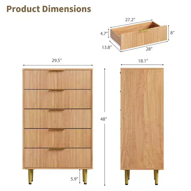 GustoWave Cassettiera scanalata per camera da letto con 5 cassetti, cassettiera in legno con maniglie e piedi in metallo, cassettiera naturale per soggiorno, camera da letto