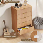 GustoWave Cassettiera scanalata per camera da letto con 5 cassetti, cassettiera in legno con maniglie e piedi in metallo, cassettiera naturale per soggiorno, camera da letto