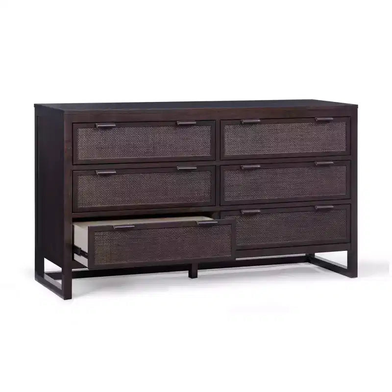 Comò a 6 cassetti Hatteras Modern Boho con legno massello e dettagli in rattan naturale-Teamson Home
