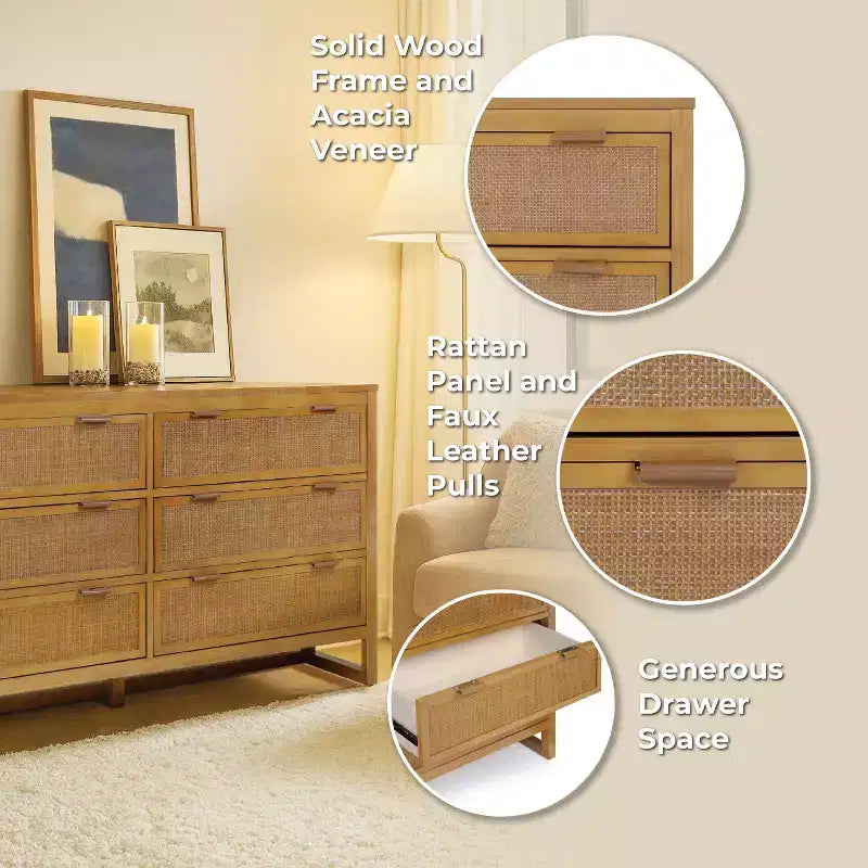 Comò a 6 cassetti Hatteras Modern Boho con legno massello e dettagli in rattan naturale-Teamson Home