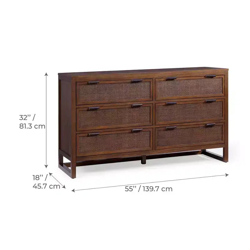 Comò a 6 cassetti Hatteras Modern Boho con legno massello e dettagli in rattan naturale-Teamson Home
