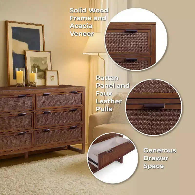 Comò a 6 cassetti Hatteras Modern Boho con legno massello e dettagli in rattan naturale-Teamson Home