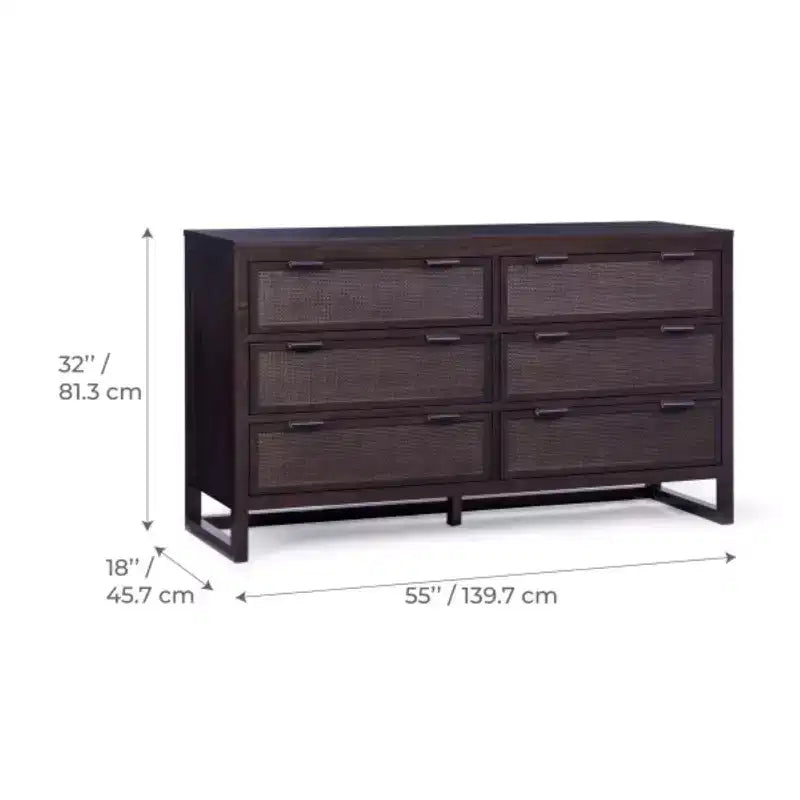 Comò a 6 cassetti Hatteras Modern Boho con legno massello e dettagli in rattan naturale-Teamson Home